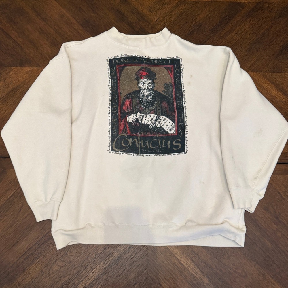 Vintage BAC Premier Confucius Dragon Graphic Sweatshirt Cream XL Pockets